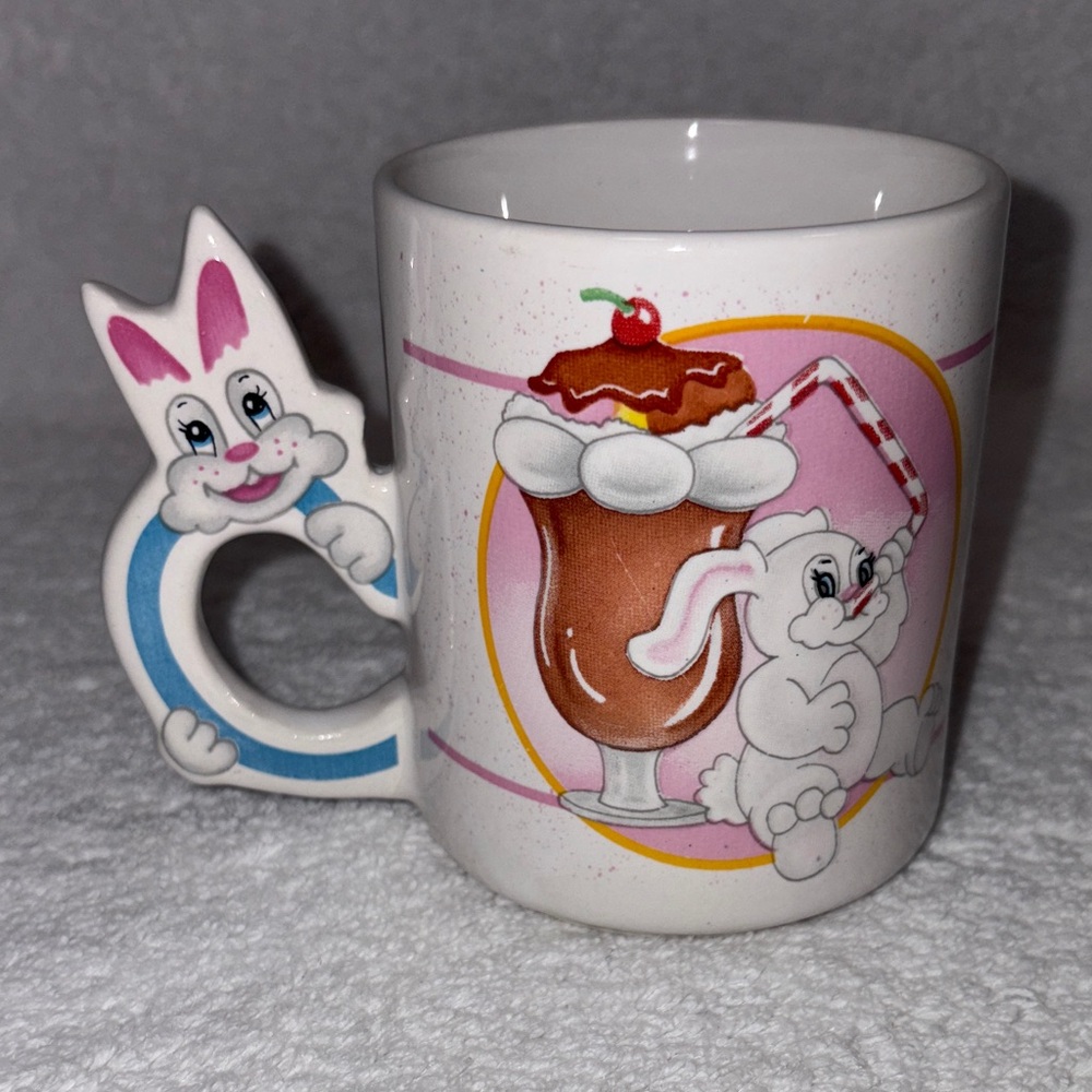 Vtg 80s Mug Cup Bunny Rabbit Kitsch Pink Colorful Cute Dessert Ice Cream Funny